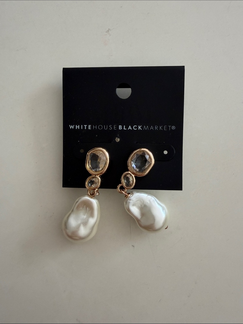 Brand New White House Black Market Gold Crystal & Pearl Drop Earrings - White